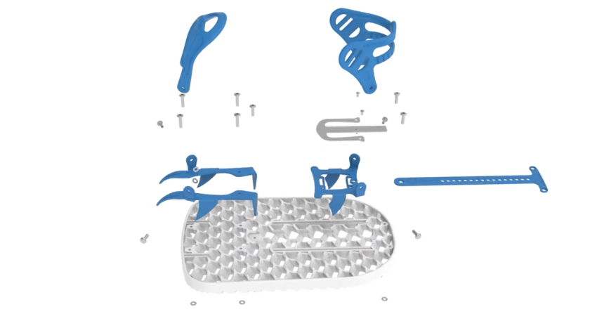 A graphical breakdown of Snowfoot Snowshoes components, including patented 3D honeycomb deck, metal crampons, three-point connections and one-lace strap
