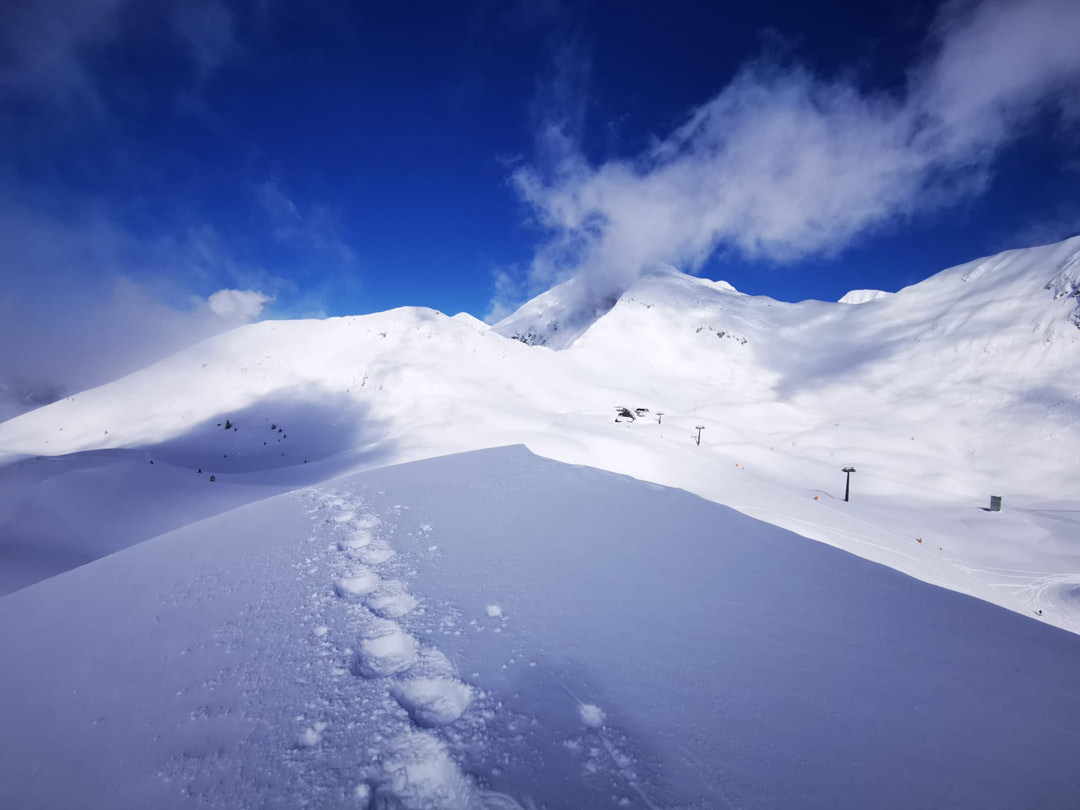 snowshoe tracks going up a ski resort mountain