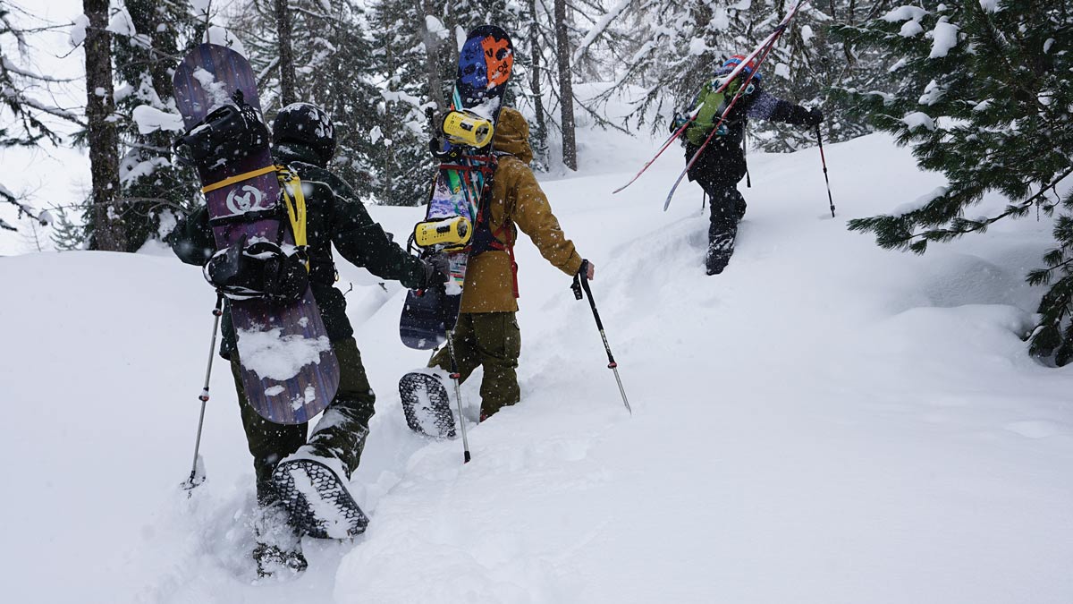 Three backcountry snowboarders hiking through a snowy forest