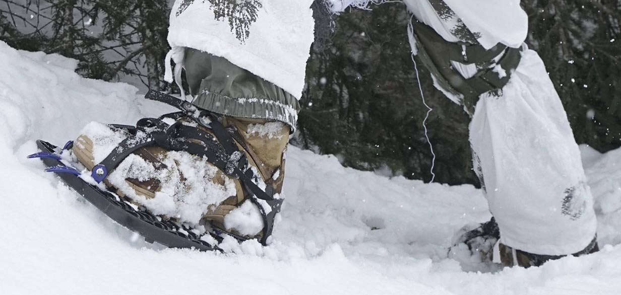A closeup of winter hiking boots