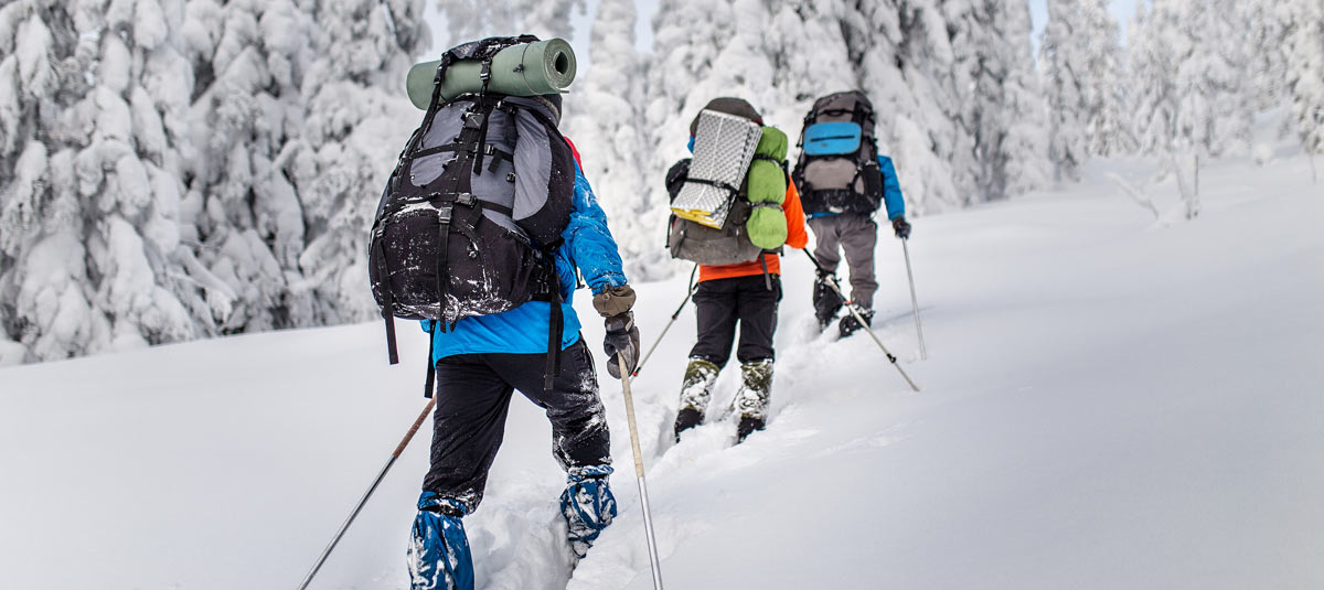 Three snowshoers wearing backpacks hiking up a snowy hillside in winter