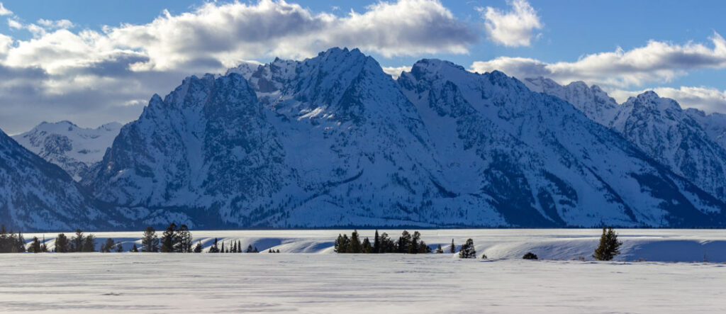 A panoramic view of the Grand Teton Mountains