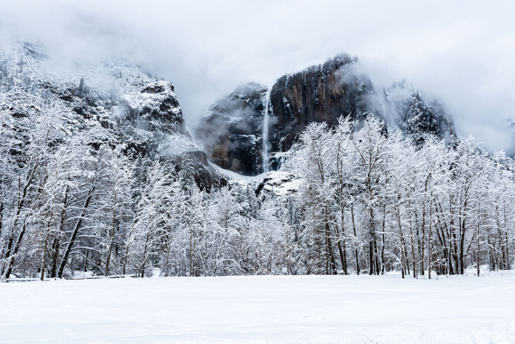 Large waterfall seen at Yosemite National Park in the middle of winter